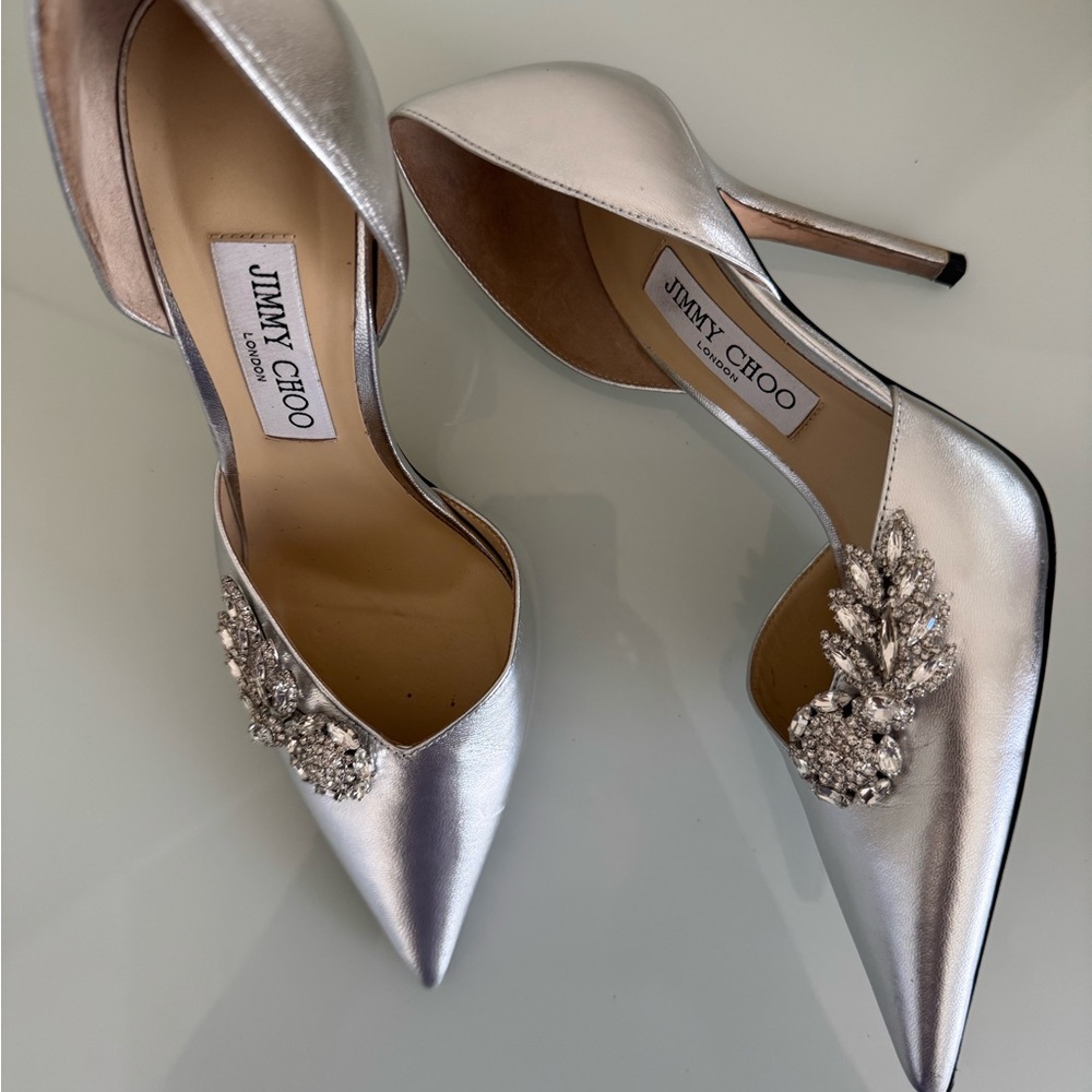 Authentic Jimmy Choo Metallic Silver Embellished Heels